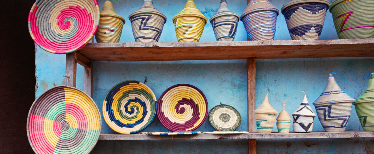 Colorful Rwanda art craft markets showcasing handmade souvenirs and traditional crafts.