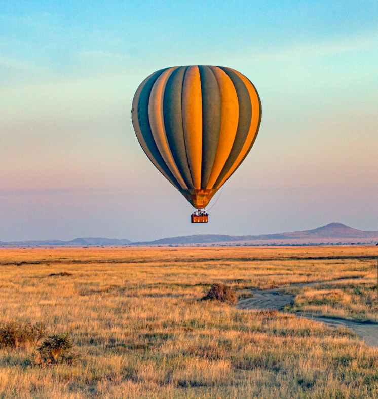 Hot air balloon over Serengeti plains with wildlife and sunrise views.
