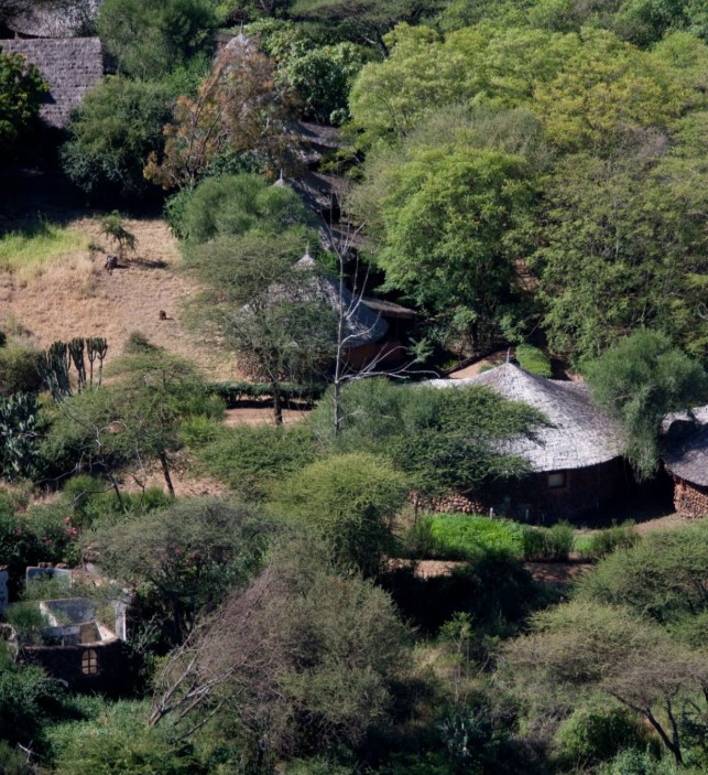 Scenic view of safari lodges overlooking Lake Manyara with lush greenery and distant Rift Valley escarpment.