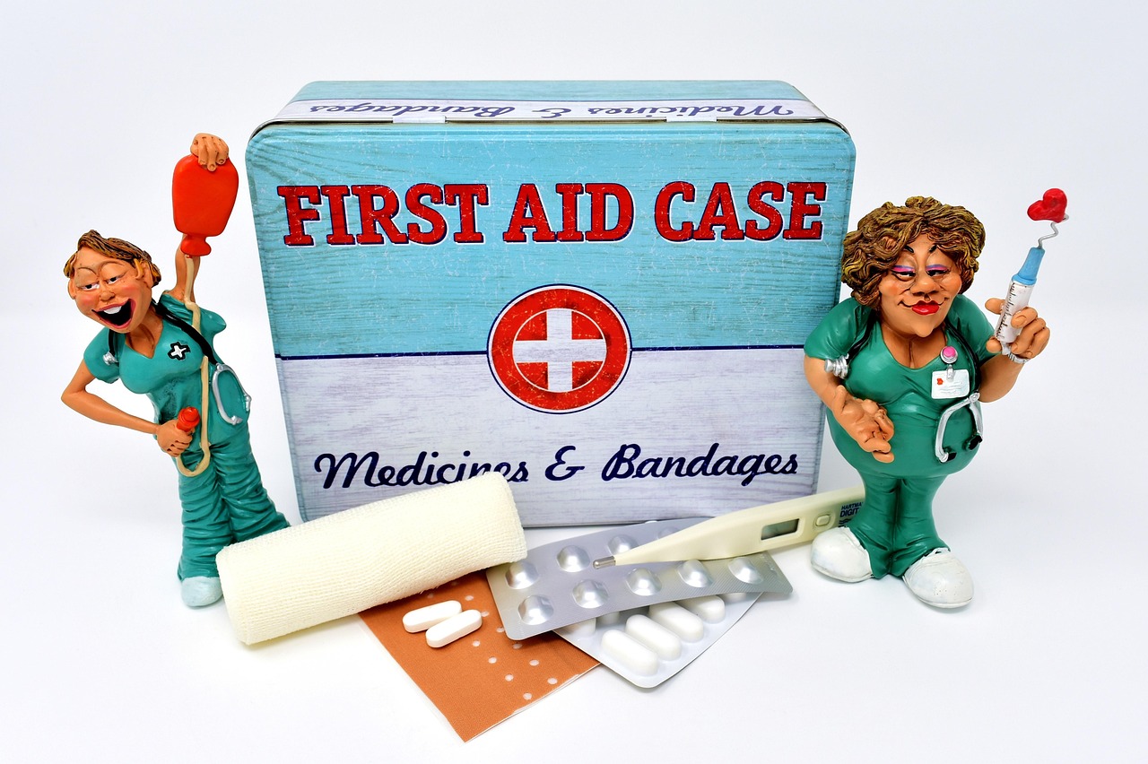 A well-organized travel first aid kit with medical supplies neatly arranged on a wooden surface, ready for a Tanzania safari.