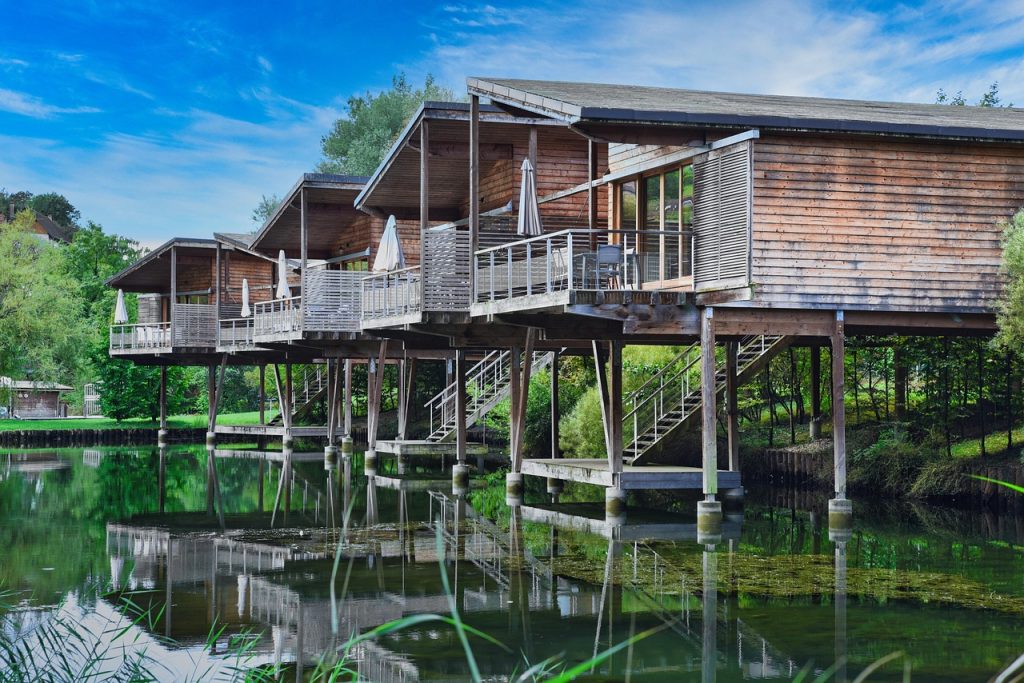 Eco lodge nestled in the Tanzanian wilderness with solar panels and local design features