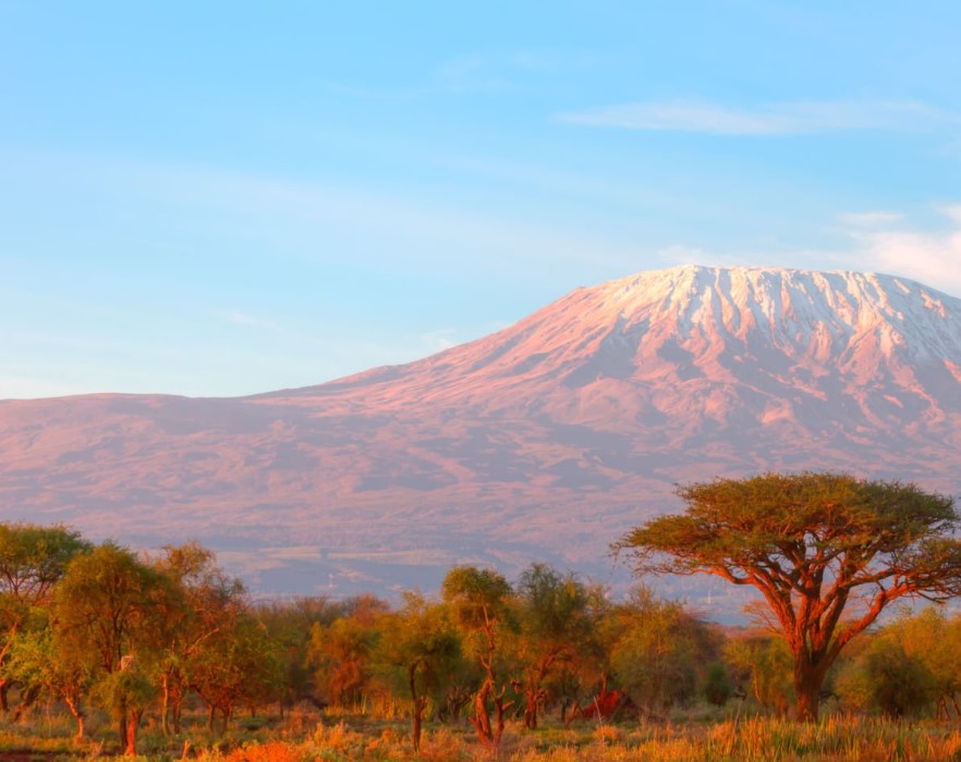 Sunshine illuminating the peaks of Mount Kilimanjaro against a clear blue sky