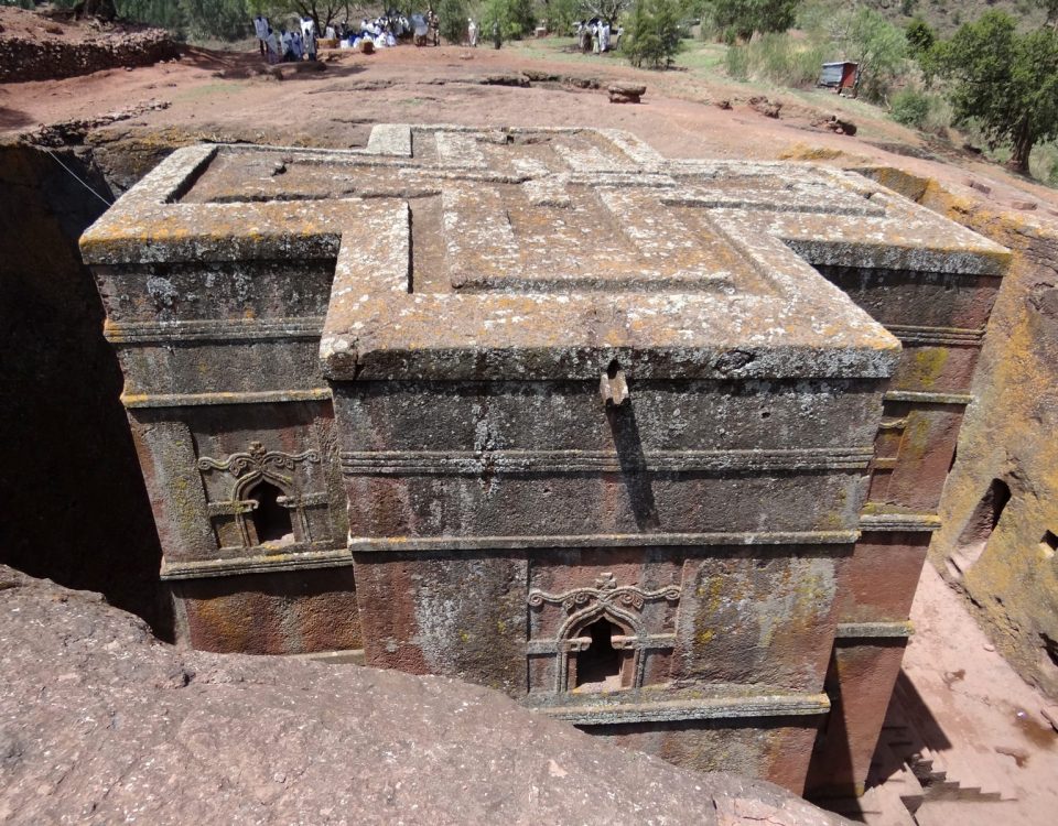 Bet Giyorgis rock-hewn church at Lalibela, Ethiopia, viewed from above