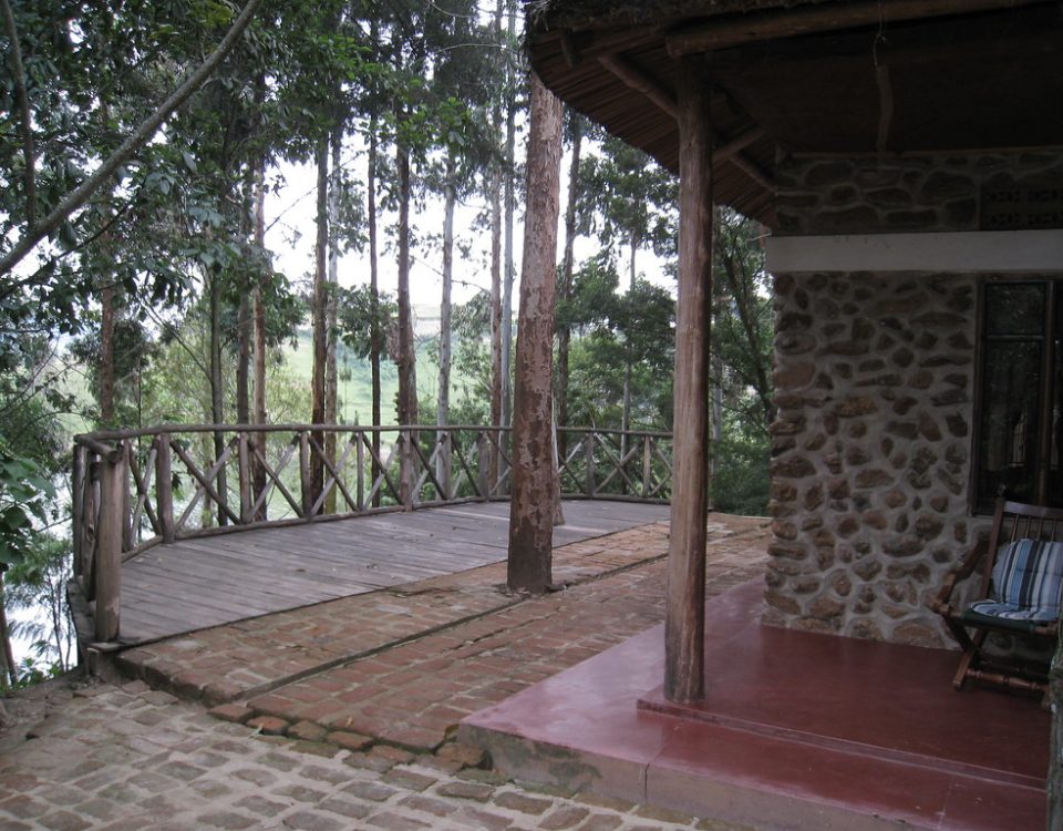 Lodge deck overlooking Lake Bunyonyi, Uganda